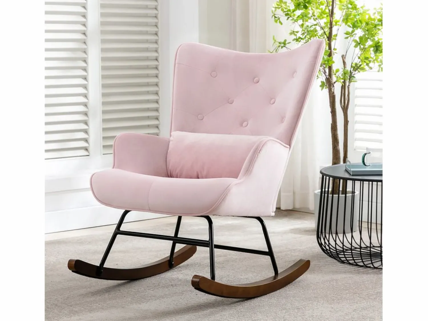 Mecedora moderna tapizada en terciopelo para sala de estar, mecedora con respaldo alto y patas de madera, color
