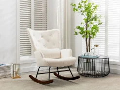Sale Mecedora moderna tapizada en terciopelo para sala de estar, con respaldo alto y patas de madera, color Sillón Balancín|Sillón De Piel