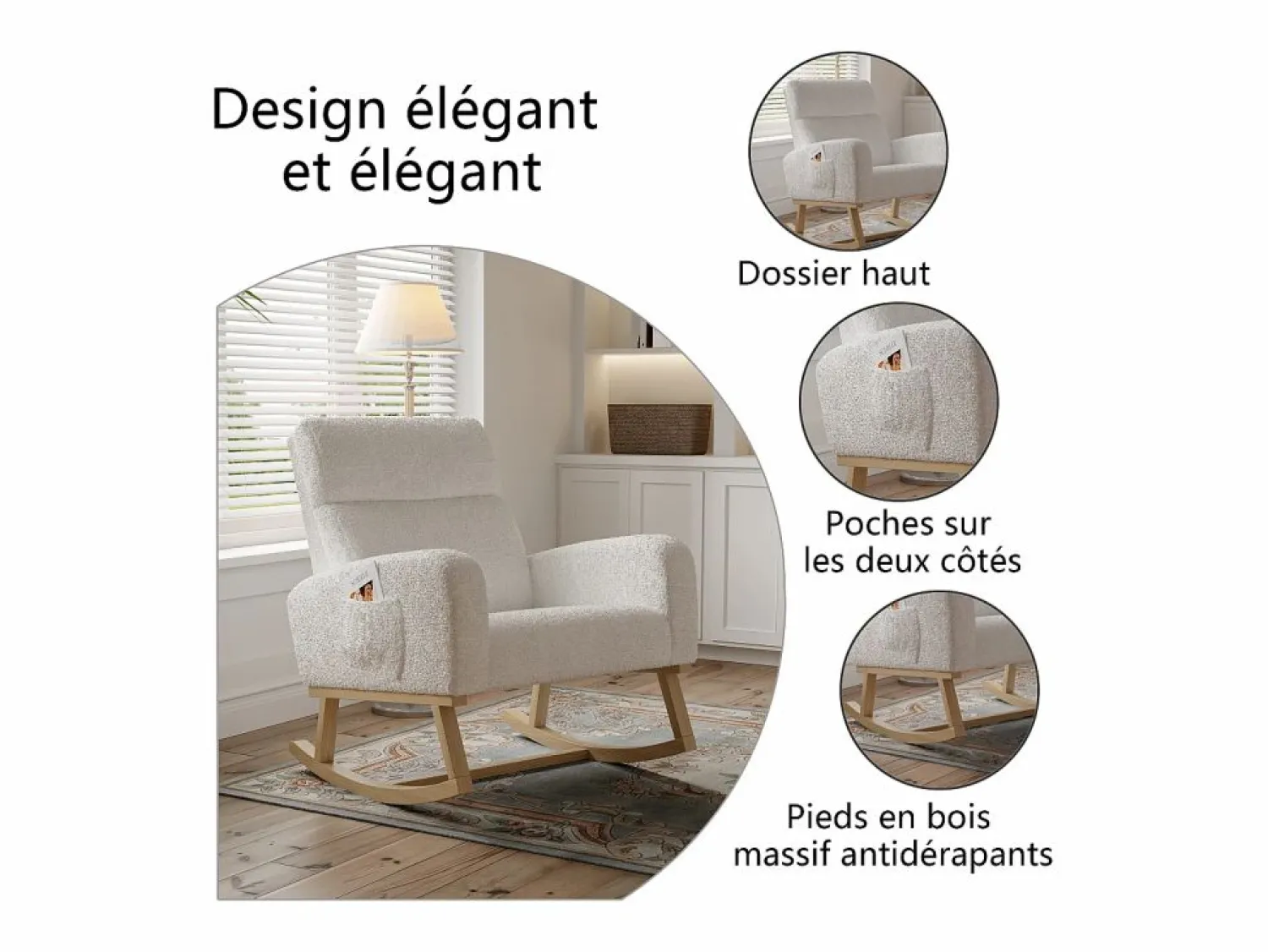 Hot Mecedora Relax, Reposabrazos, Bolsillos, Patas de Madera, Terciopelo Teddy, 150 kg Beige
