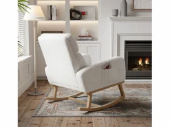Best Mecedora, sillón relax, con bolsillos y patas de madera, terciopelo Teddy beige Sillón Balancín