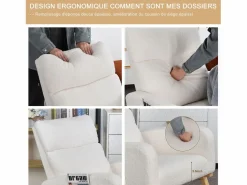 Best Mecedora, sillón relax, con bolsillos y patas de madera, terciopelo Teddy beige Sillón Balancín