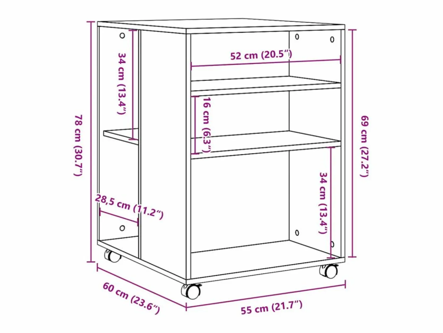 Outlet Mesa auxiliar con ruedas blanca 55x60x78 cm madera de ingeniería Armario Oficina