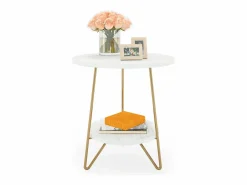 Discount Tribesigns Mesa auxiliar de mármol artificial de dos niveles, Mesa auxiliar redonda con estanterías, Mesa de noche moderna dorada, Blanca y dorada Blanco