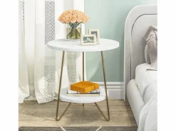 Discount Tribesigns Mesa auxiliar de mármol artificial de dos niveles, Mesa auxiliar redonda con estanterías, Mesa de noche moderna dorada, Blanca y dorada Blanco