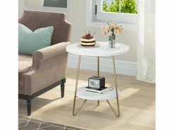 Discount Tribesigns Mesa auxiliar de mármol artificial de dos niveles, Mesa auxiliar redonda con estanterías, Mesa de noche moderna dorada, Blanca y dorada Blanco