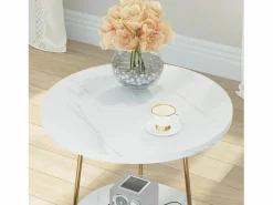 Discount Tribesigns Mesa auxiliar de mármol artificial de dos niveles, Mesa auxiliar redonda con estanterías, Mesa de noche moderna dorada, Blanca y dorada Blanco