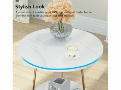 Discount Tribesigns Mesa auxiliar de mármol artificial de dos niveles, Mesa auxiliar redonda con estanterías, Mesa de noche moderna dorada, Blanca y dorada Blanco