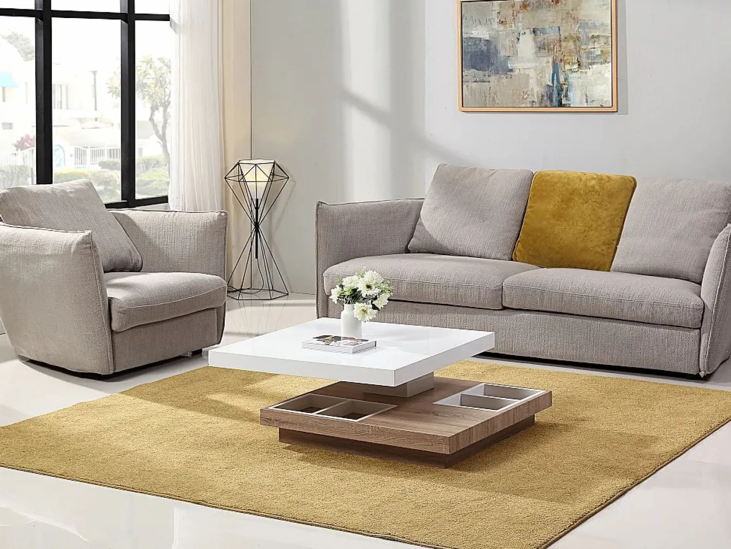Outlet Vente-unique Mesa centro FAUSTO - Tablero pivotante - MDF lacado bicolor Color natural claro / Blanco