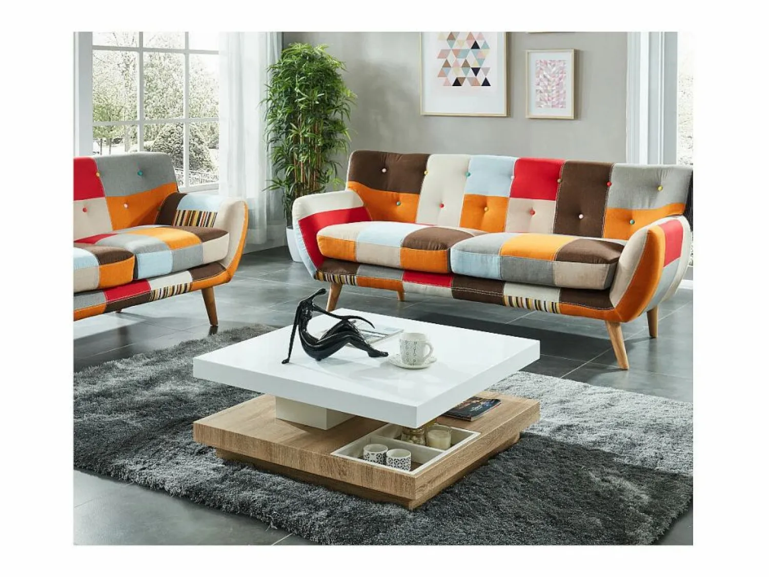 Outlet Vente-unique Mesa centro FAUSTO - Tablero pivotante - MDF lacado bicolor Color natural claro / Blanco