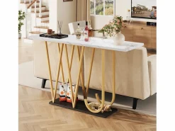 Discount Hauss Spole Mesa consola con patas de metal dorado - Tapa efecto mármol 120 x 29,5 x 80 cm Blanco