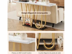 Discount Hauss Spole Mesa consola con patas de metal dorado - Tapa efecto mármol 120 x 29,5 x 80 cm Blanco