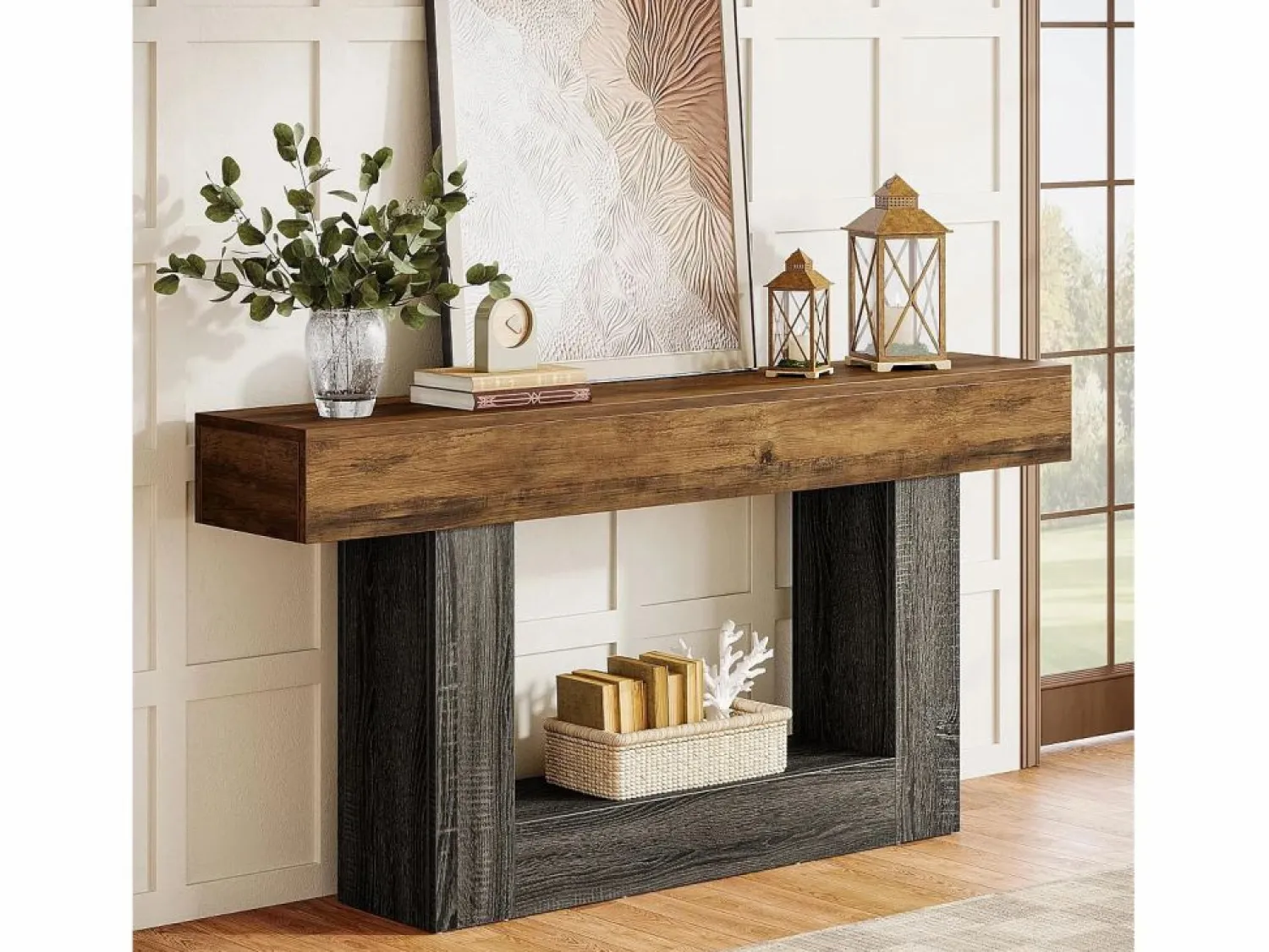 Sale Tribesigns Mesa consola de 160 cm de largo, mesa de entrada de 2 niveles, mesa de sofá con almacenamiento, mesa de sofá de madera de estilo rústico para sala de estar, pasillo Multicolor