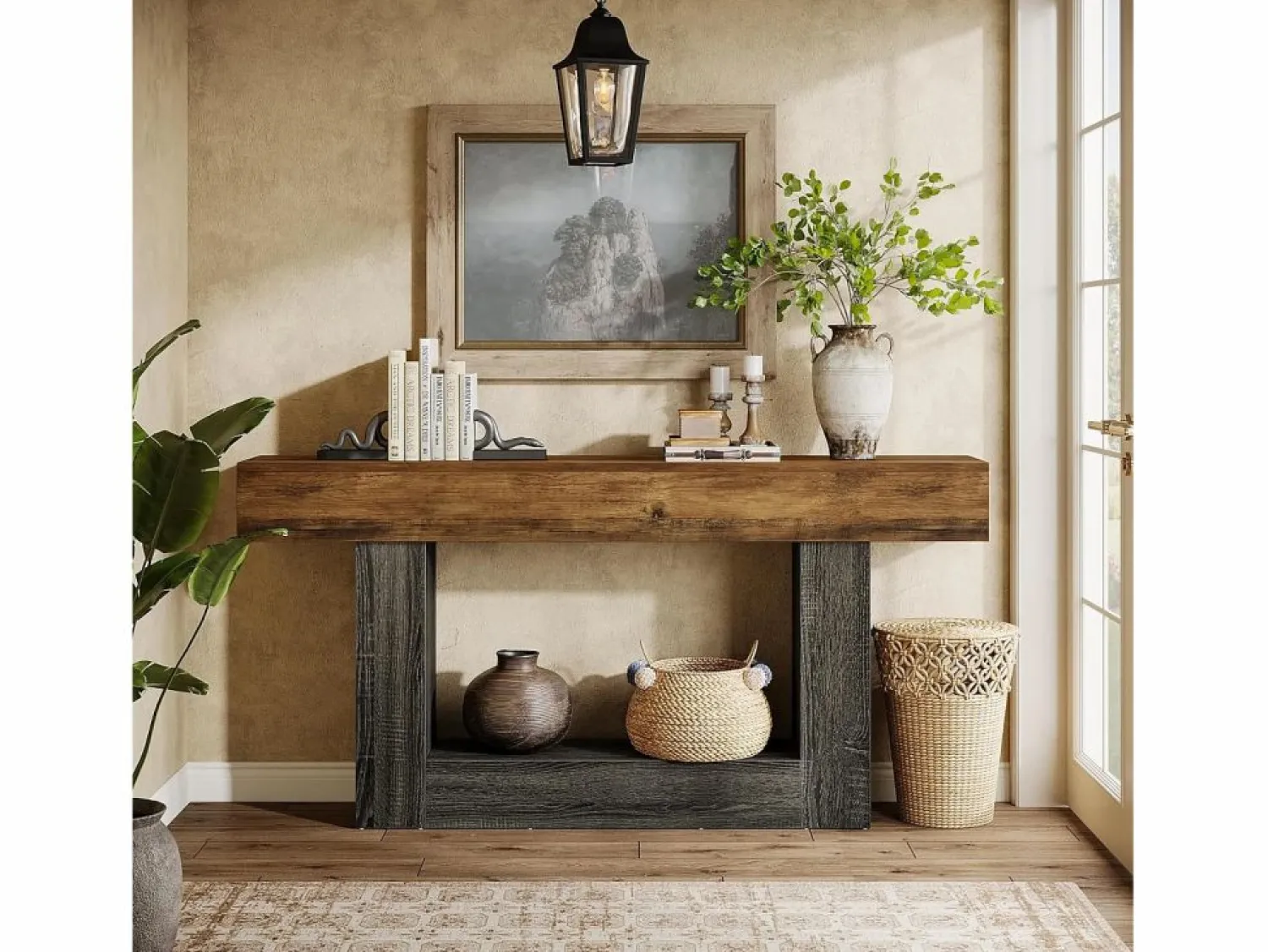 Sale Tribesigns Mesa consola de 160 cm de largo, mesa de entrada de 2 niveles, mesa de sofá con almacenamiento, mesa de sofá de madera de estilo rústico para sala de estar, pasillo Multicolor