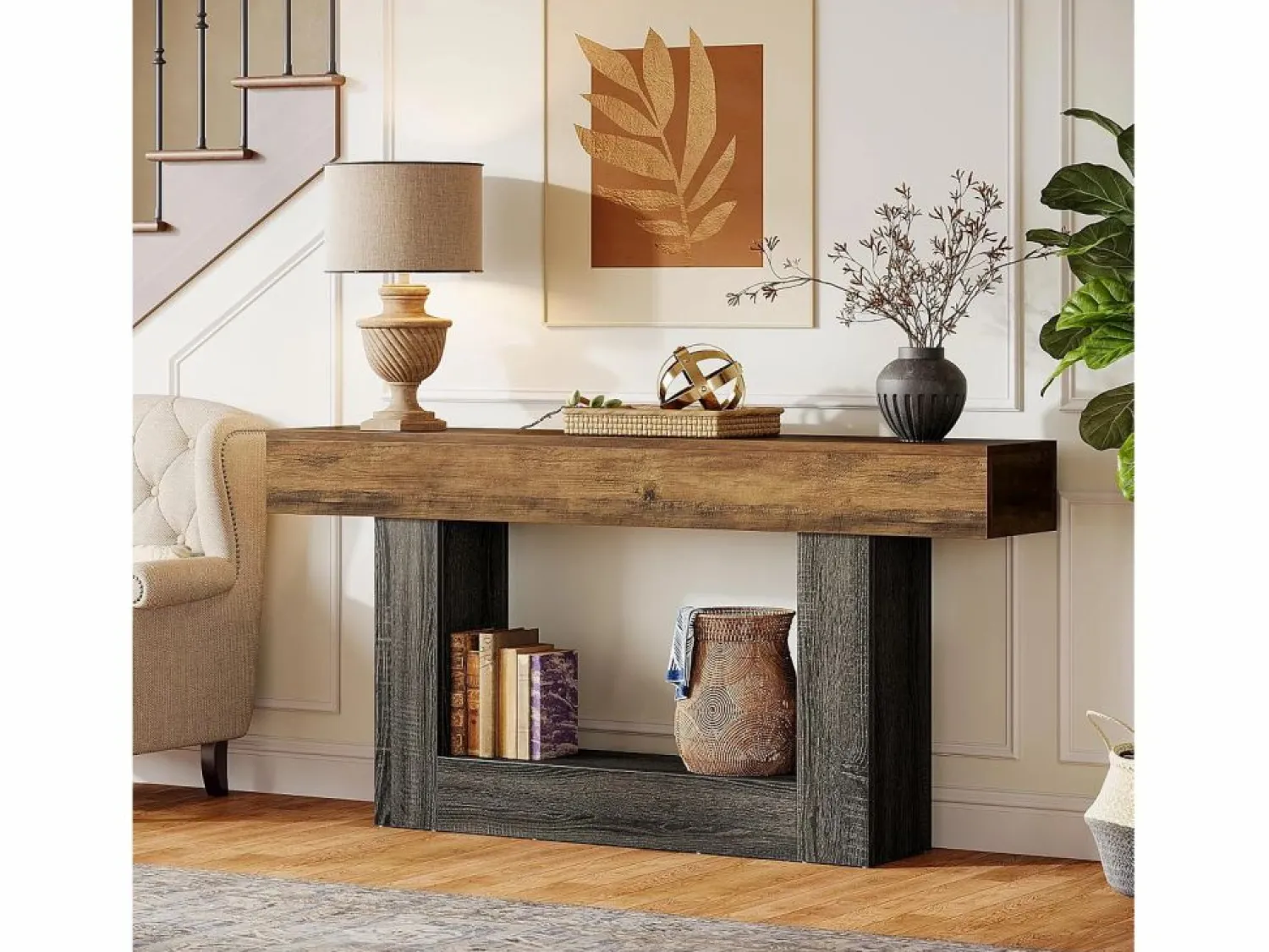 Sale Tribesigns Mesa consola de 160 cm de largo, mesa de entrada de 2 niveles, mesa de sofá con almacenamiento, mesa de sofá de madera de estilo rústico para sala de estar, pasillo Multicolor