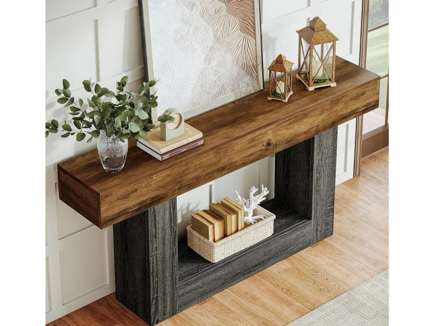 Sale Tribesigns Mesa consola de 160 cm de largo, mesa de entrada de 2 niveles, mesa de sofá con almacenamiento, mesa de sofá de madera de estilo rústico para sala de estar, pasillo Multicolor