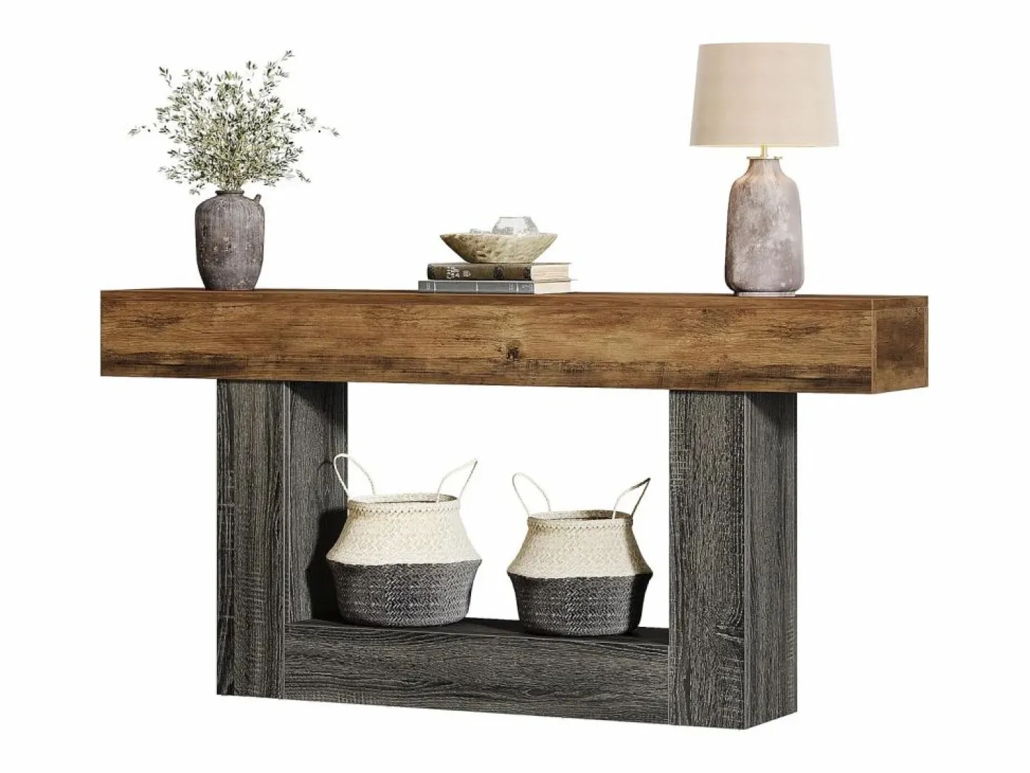 Sale Tribesigns Mesa consola de 160 cm de largo, mesa de entrada de 2 niveles, mesa de sofá con almacenamiento, mesa de sofá de madera de estilo rústico para sala de estar, pasillo Multicolor