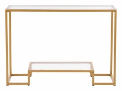 New Mesa Consola de Cristal SucceBuy de 2 Niveles, Mesita Auxiliar con Tablero de Cristal Templado, Patas de Hierro y Dispositivo Antivuelco, Dorada Consola