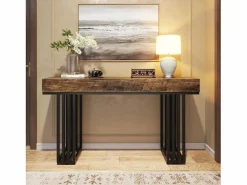 Sale Mesa consola de entrada, consola de entrada, mesa de entrada con elegante marco de metal de estilo industrial, mesa consola de madera para sala de estar, entrada, pasillo (140 cm, marrón) Consola