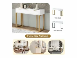 Clearance Merax Mesa consola moderna con 3 cajones - 120 x 36 x 80 cm - MDF - para salón, pasillo - + dorado Blanco