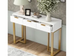 Online Mesa consola moderna con 2 cajones y patas ajustables, blanco y dorado Consola