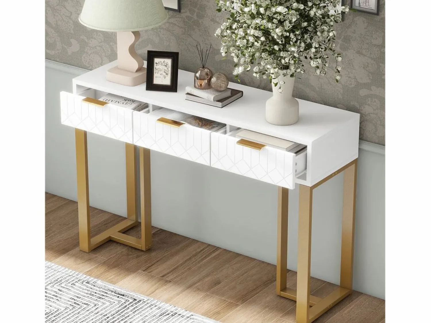 Online Mesa consola moderna con 2 cajones y patas ajustables, blanco y dorado Consola