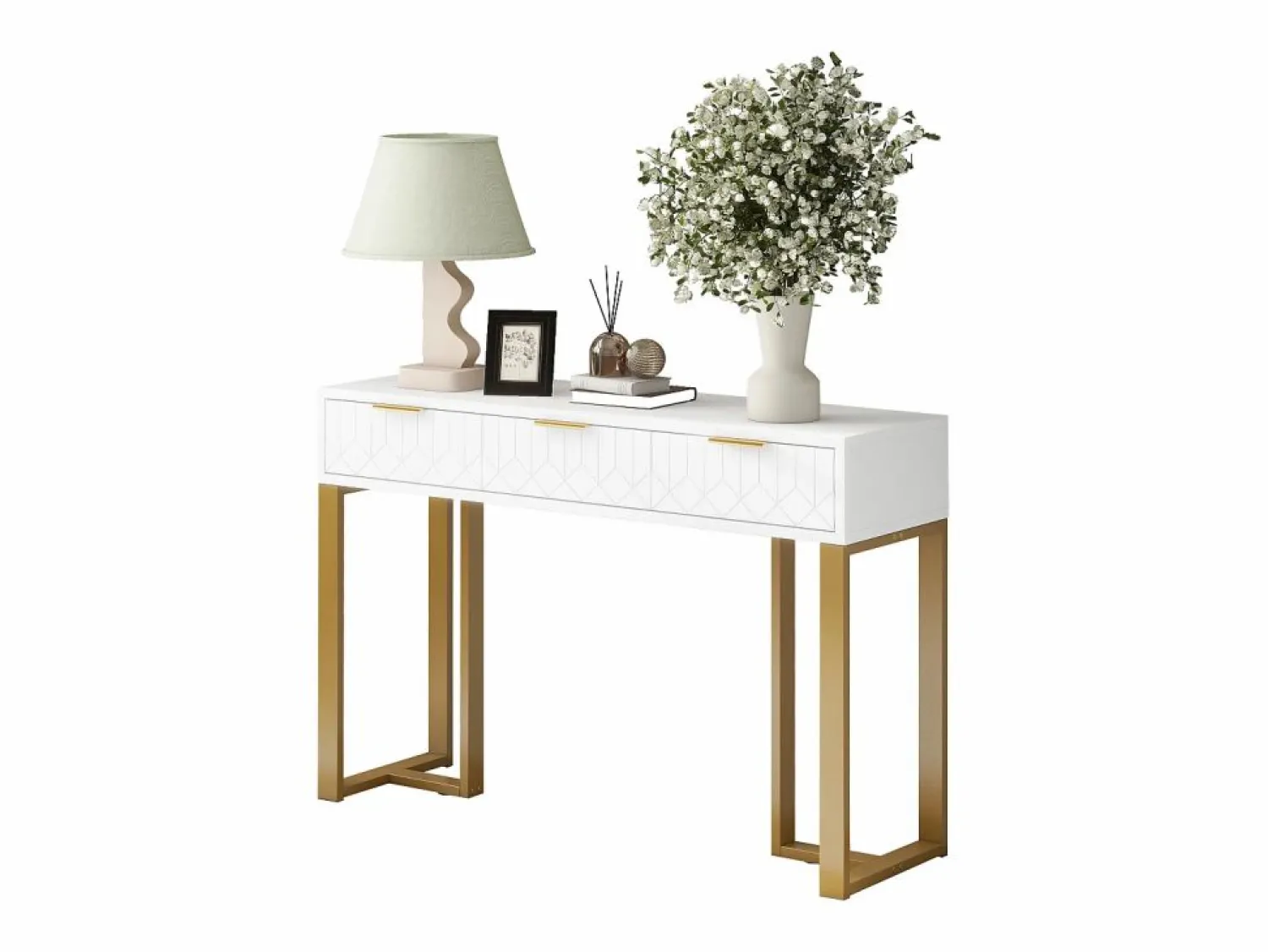 Online Mesa consola moderna con 2 cajones y patas ajustables, blanco y dorado Consola