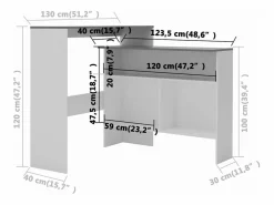 Clicnbuy Mesa de bar con 2 encimera blanca y gris 130x40x120 cm