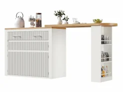 KOMHTOM Mesa de bar extensible con espacio de almacenamiento, moderna, móvil, mesa de bar extensible con un cajón y dos estantes, blanca