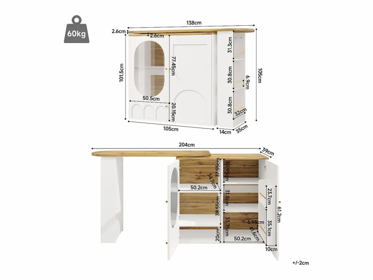 Discount Mesa de bar giratoria con 3 puertas, isla de cocina con almacenaje - tablero extensible (138-204)x39x102 cm - Mueble Bar