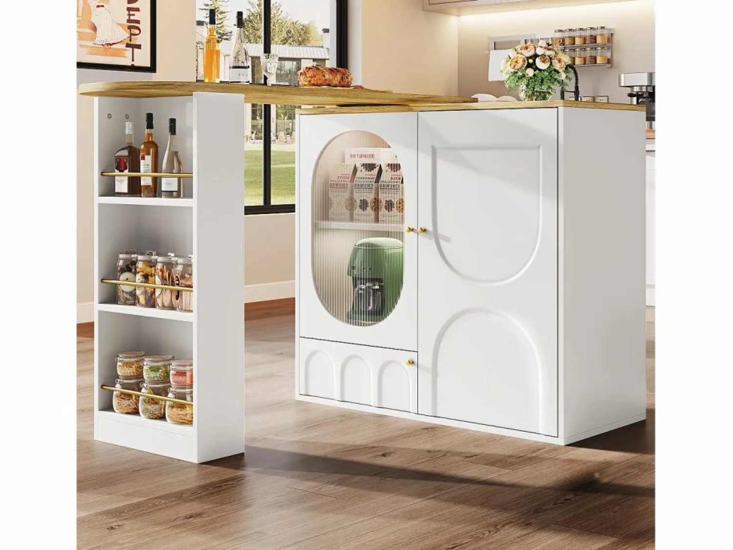 Discount Mesa de bar giratoria con 3 puertas, isla de cocina con almacenaje - tablero extensible (138-204)x39x102 cm - Mueble Bar