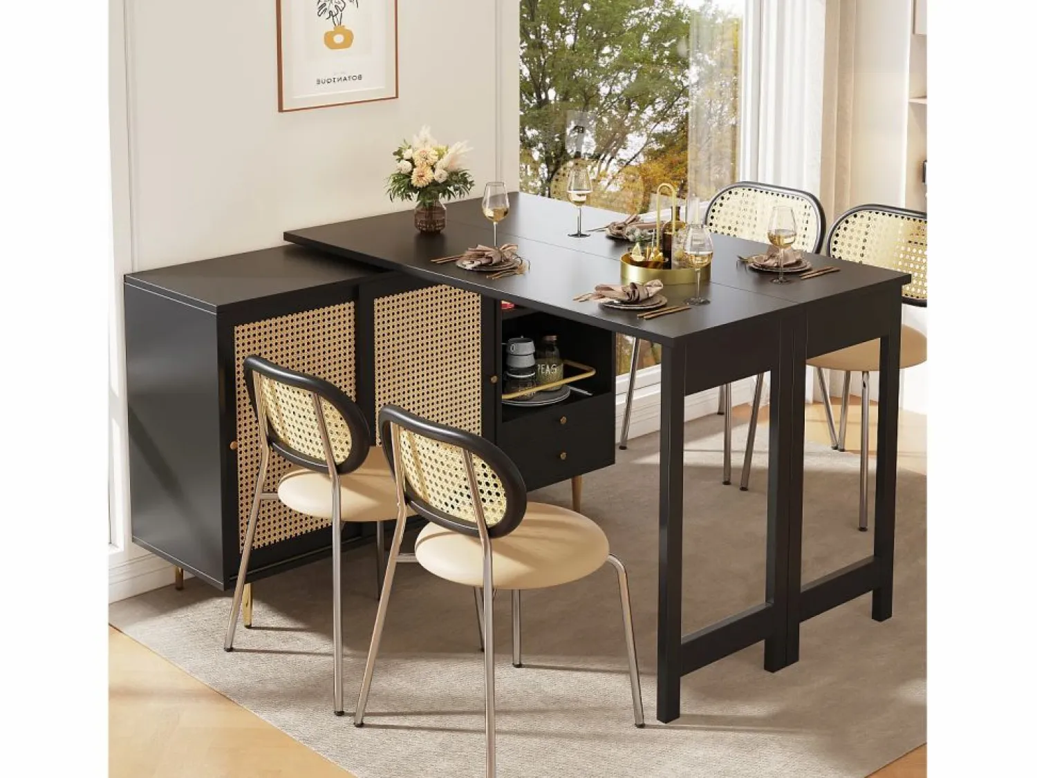 Sale Mesa de bar giratoria con puerta de ratán y estante abierto - Mesa de comedor de madera - Negra - 107x40x71,4 cm Negro