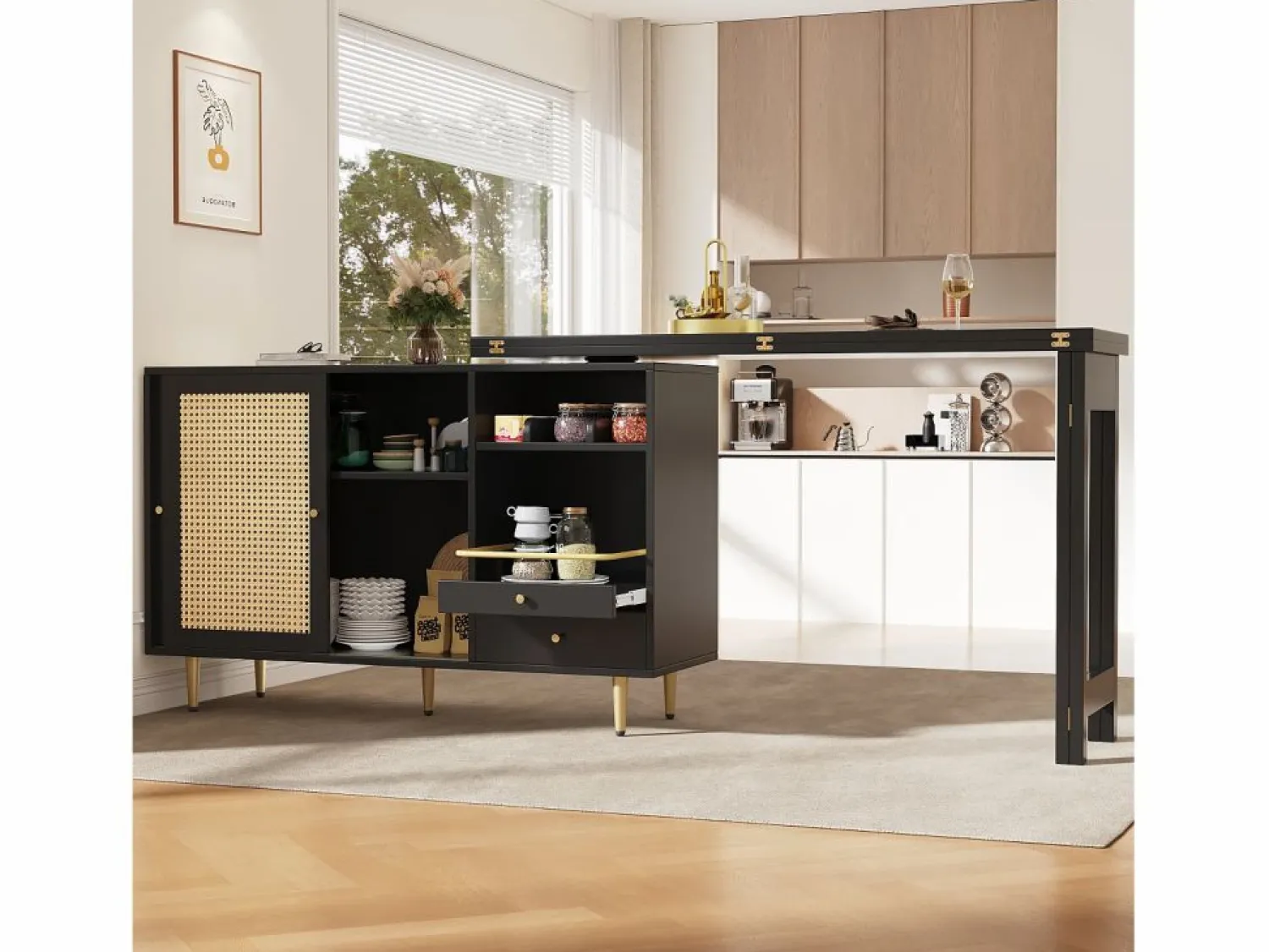 Sale Mesa de bar giratoria con puerta de ratán y estante abierto - Mesa de comedor de madera - Negra - 107x40x71,4 cm Negro