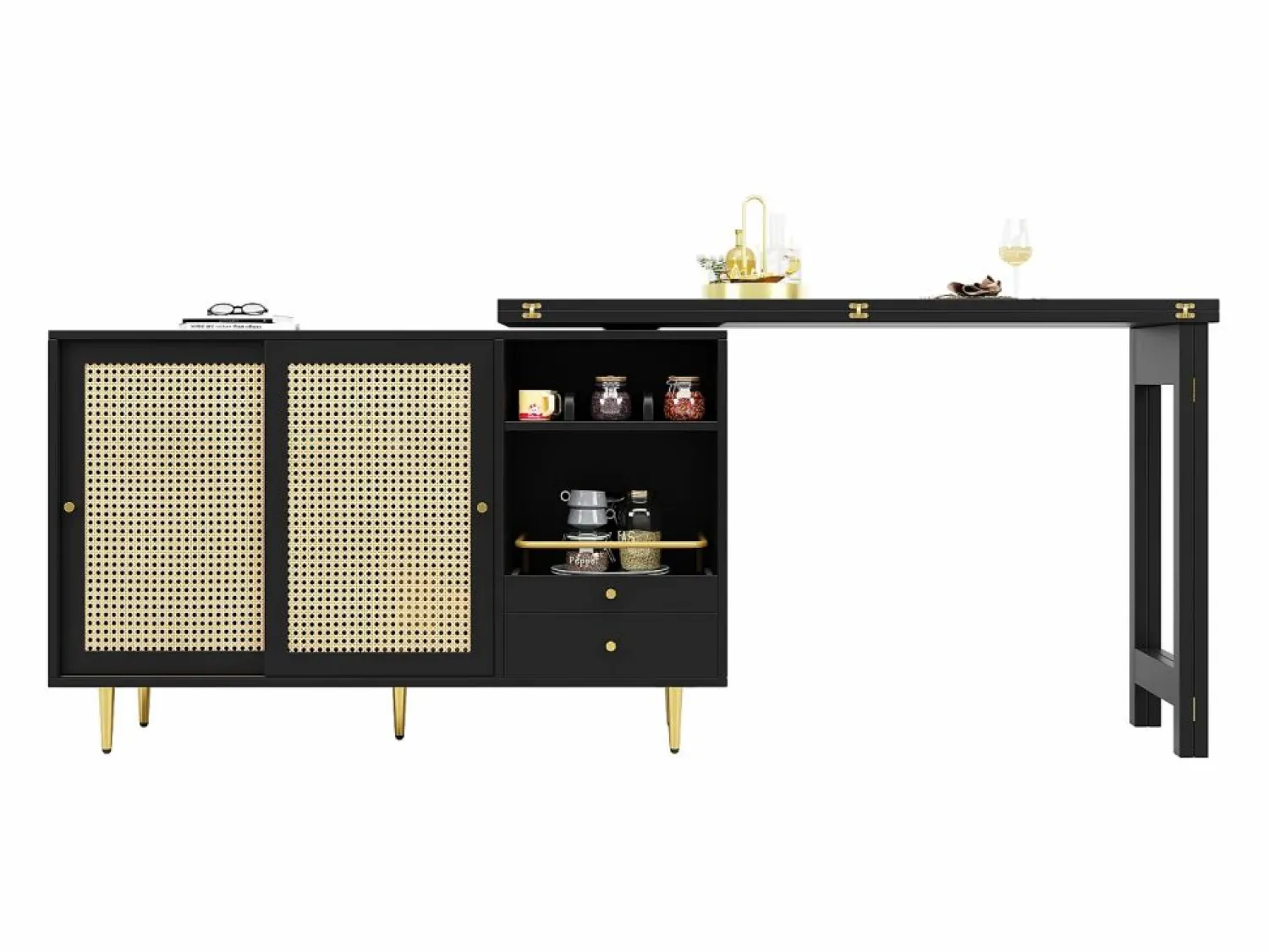 Sale Mesa de bar giratoria con puerta de ratán y estante abierto - Mesa de comedor de madera - Negra - 107x40x71,4 cm Negro