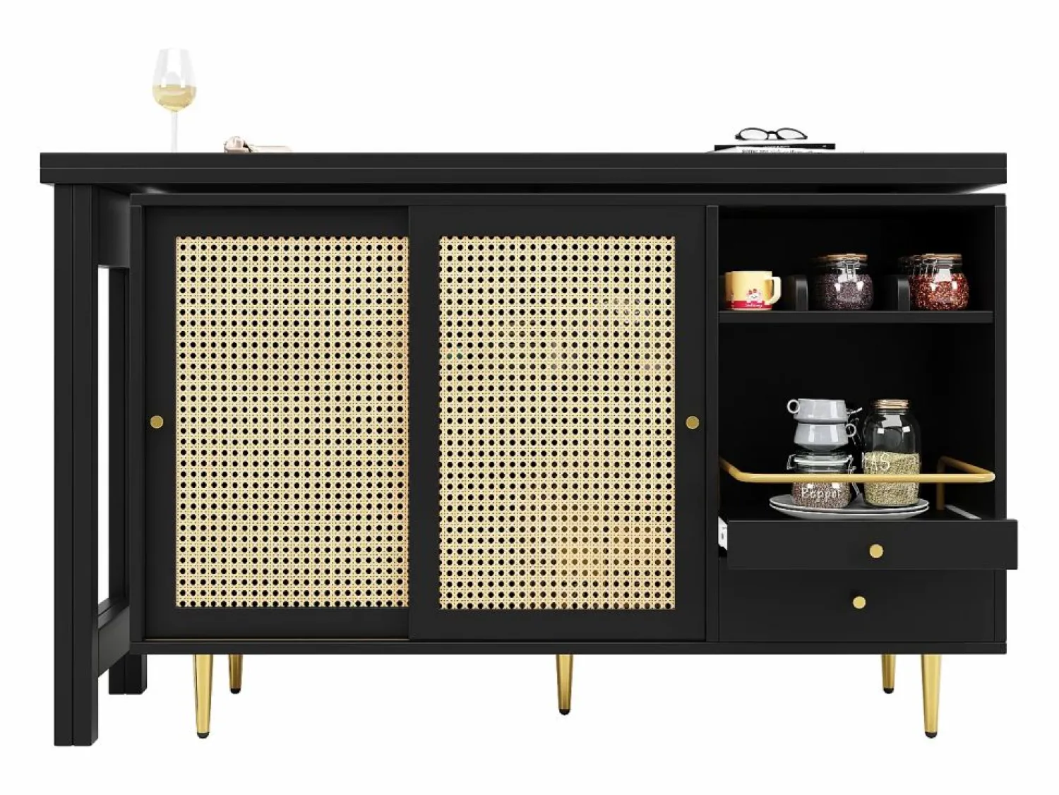 Sale Mesa de bar giratoria con puerta de ratán y estante abierto - Mesa de comedor de madera - Negra - 107x40x71,4 cm Negro