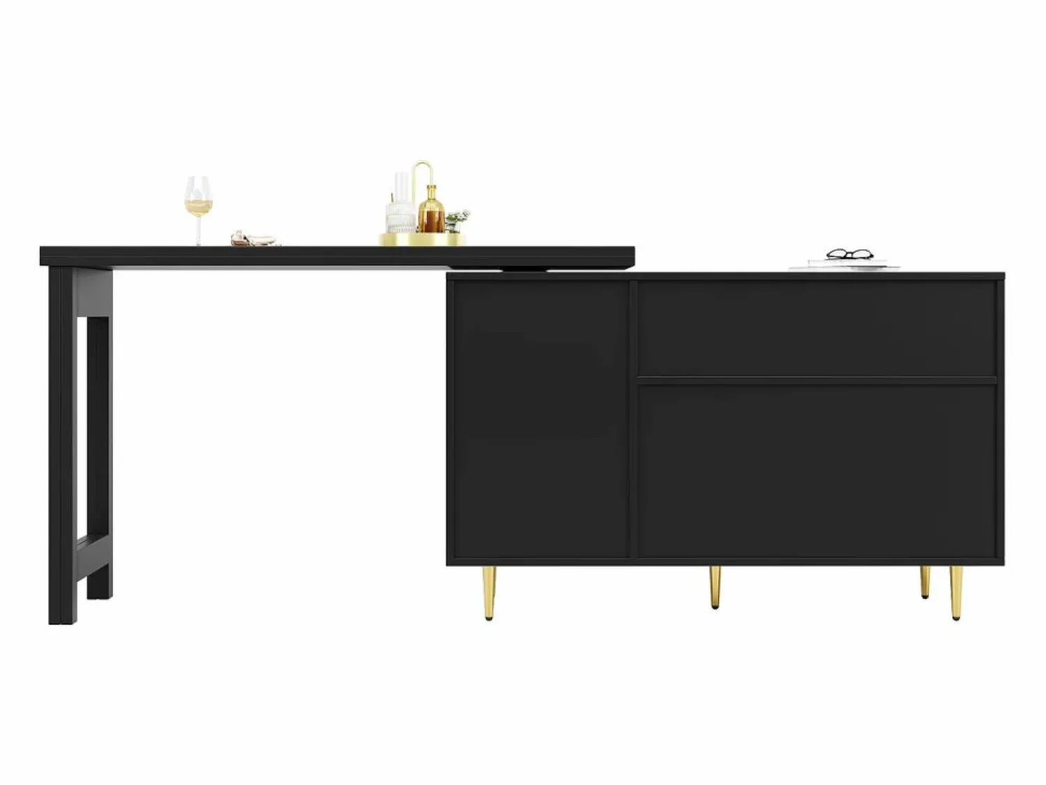 Sale Mesa de bar giratoria con puerta de ratán y estante abierto - Mesa de comedor de madera - Negra - 107x40x71,4 cm Negro