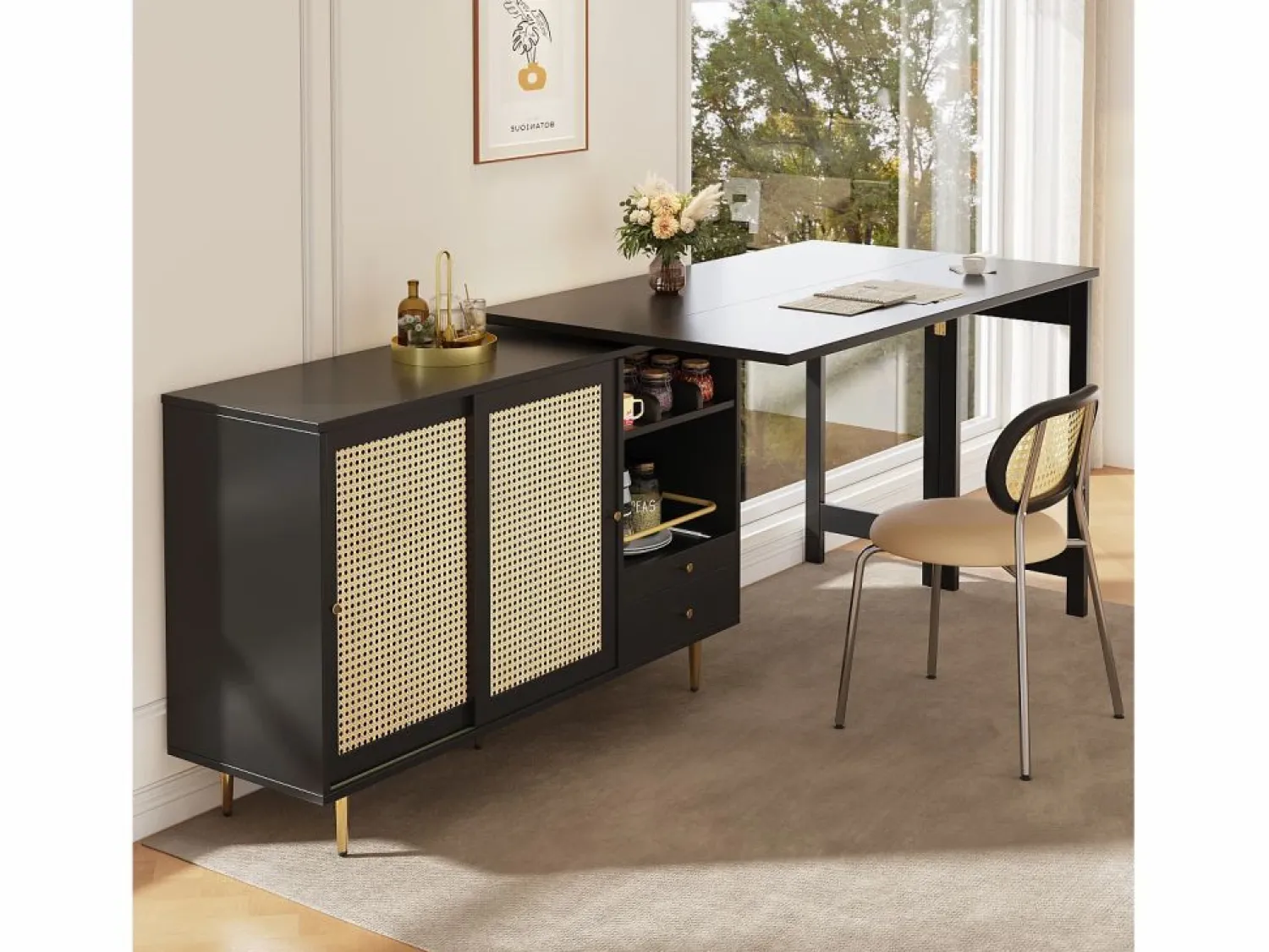 Sale Mesa de bar giratoria con puerta de ratán y estante abierto - Mesa de comedor de madera - Negra - 107x40x71,4 cm Negro