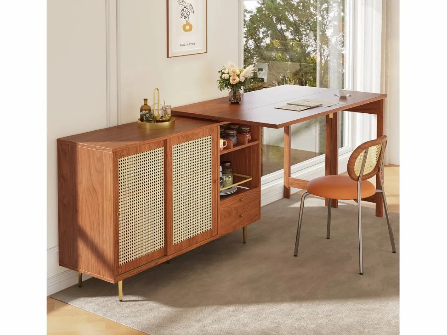 Sale Mesa de bar giratoria con puerta de ratán y estante abierto - Mesa de comedor de madera - Marrón - 107 x 40 x 71,4 cm Mueble Bar
