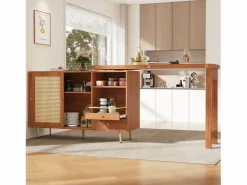 Sale Mesa de bar giratoria con puerta de ratán y estante abierto - Mesa de comedor de madera - Marrón - 107 x 40 x 71,4 cm Mueble Bar