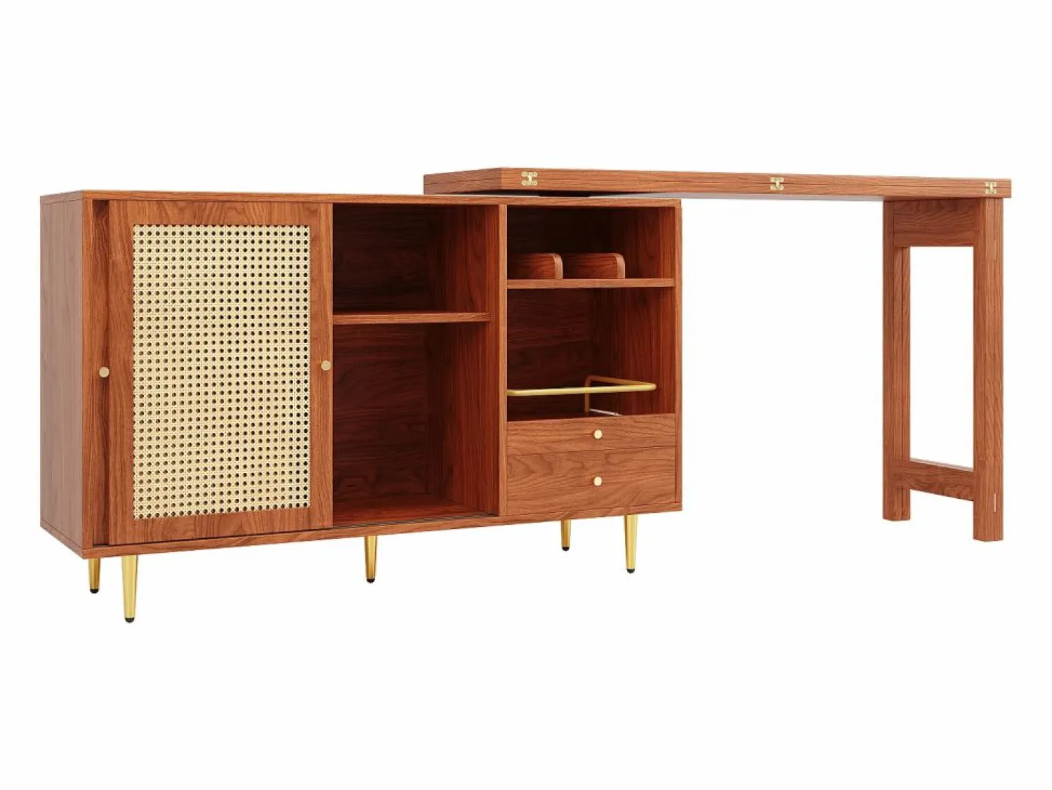 Sale Mesa de bar giratoria con puerta de ratán y estante abierto - Mesa de comedor de madera - Marrón - 107 x 40 x 71,4 cm Mueble Bar