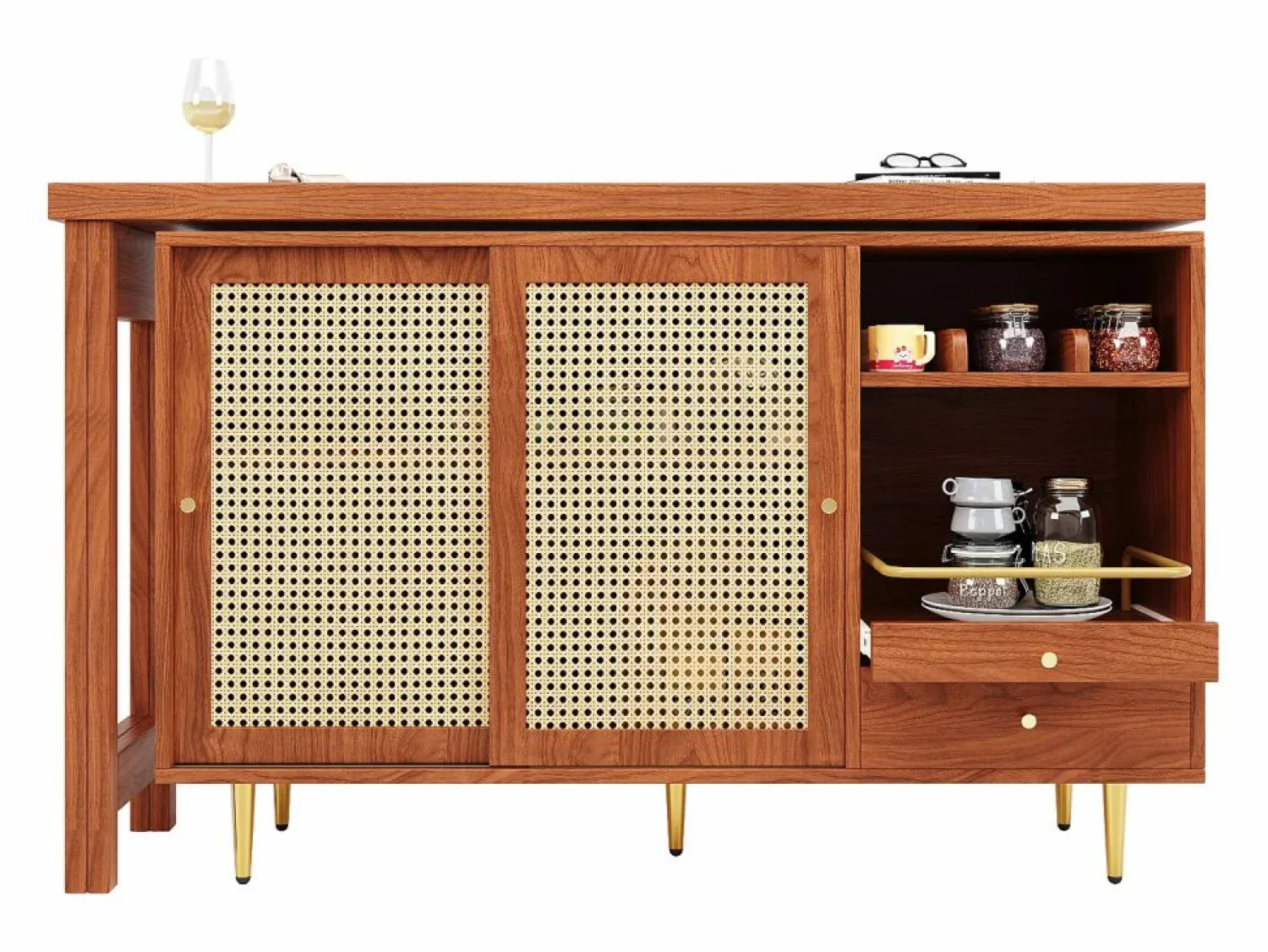 Sale Mesa de bar giratoria con puerta de ratán y estante abierto - Mesa de comedor de madera - Marrón - 107 x 40 x 71,4 cm Mueble Bar