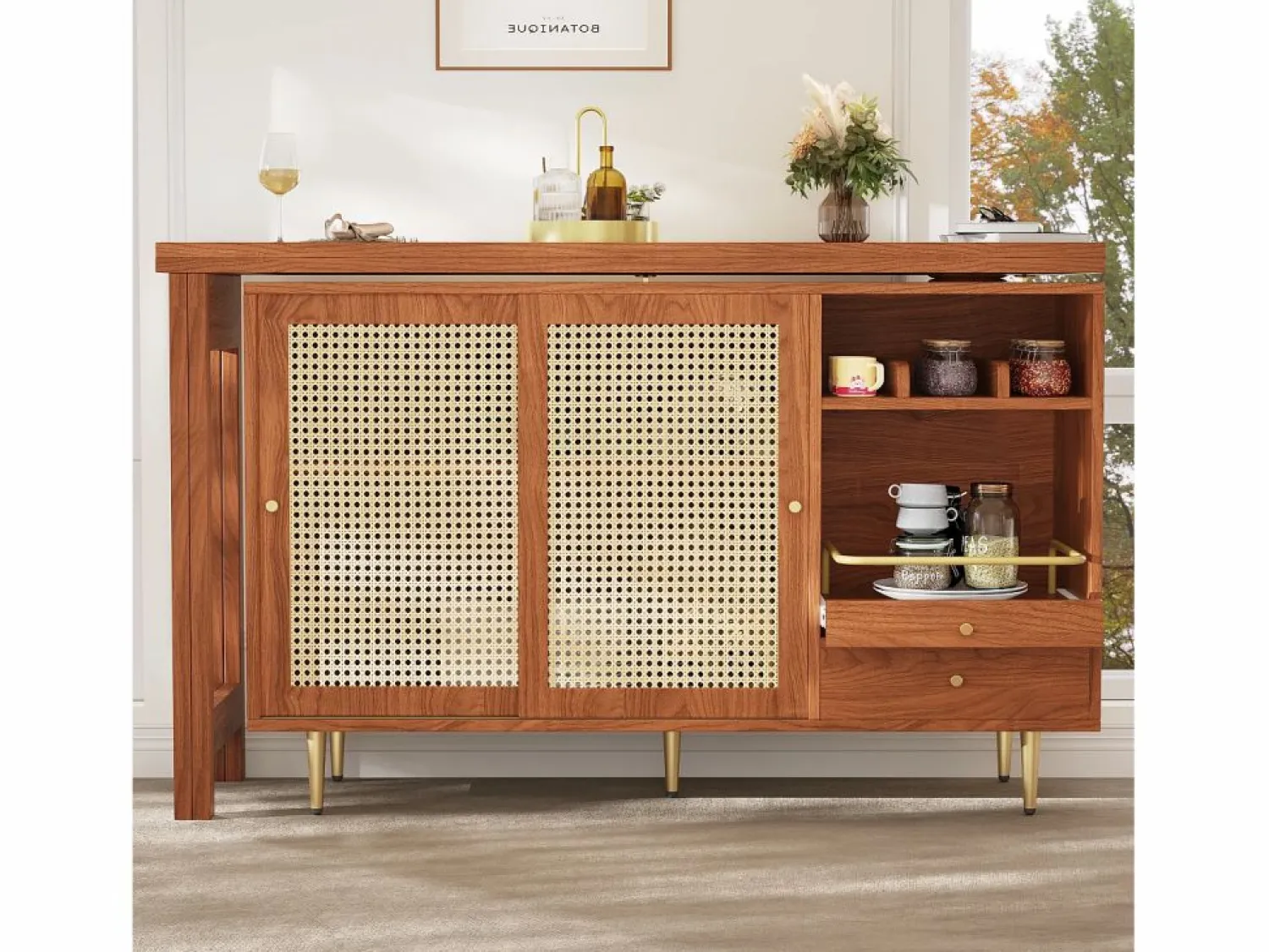 Sale Mesa de bar giratoria con puerta de ratán y estante abierto - Mesa de comedor de madera - Marrón - 107 x 40 x 71,4 cm Mueble Bar