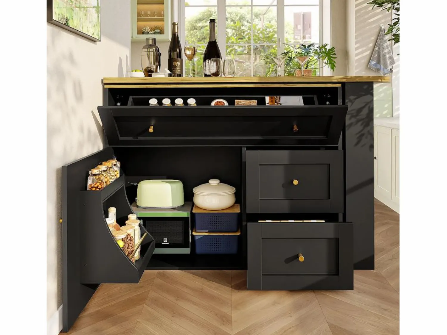 New Mesa de bar giratoria con 1 puerta y 2 cajones, espacio de almacenamiento tipo buffet con tablero extensible (138-204)×39×105 cm - Mueble Bar