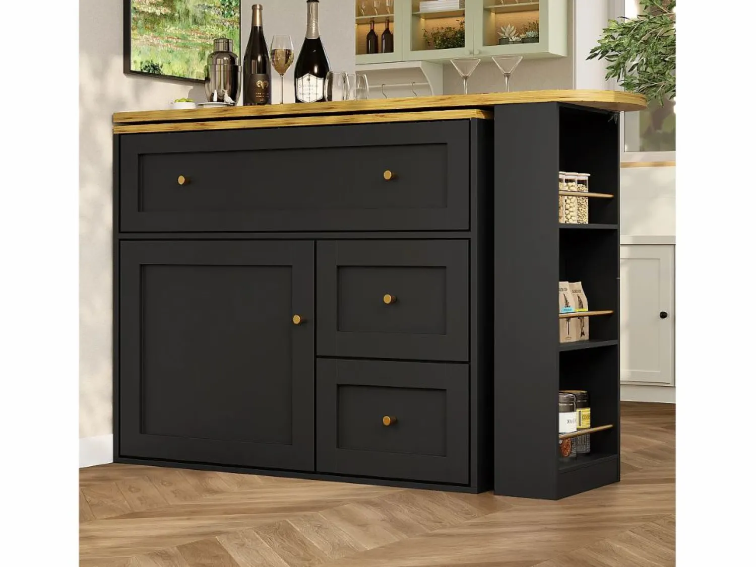 New Mesa de bar giratoria con 1 puerta y 2 cajones, espacio de almacenamiento tipo buffet con tablero extensible (138-204)×39×105 cm - Mueble Bar