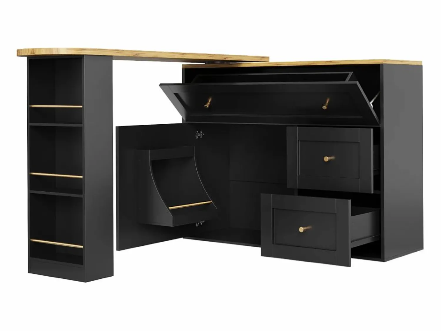 New Mesa de bar giratoria con 1 puerta y 2 cajones, espacio de almacenamiento tipo buffet con tablero extensible (138-204)×39×105 cm - Mueble Bar