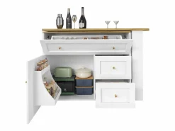 Sale Mesa de bar giratoria con 1 puerta y 2 cajones, espacio de almacenamiento tipo buffet con tablero extensible (138-204)×39×105 cm - Blanco