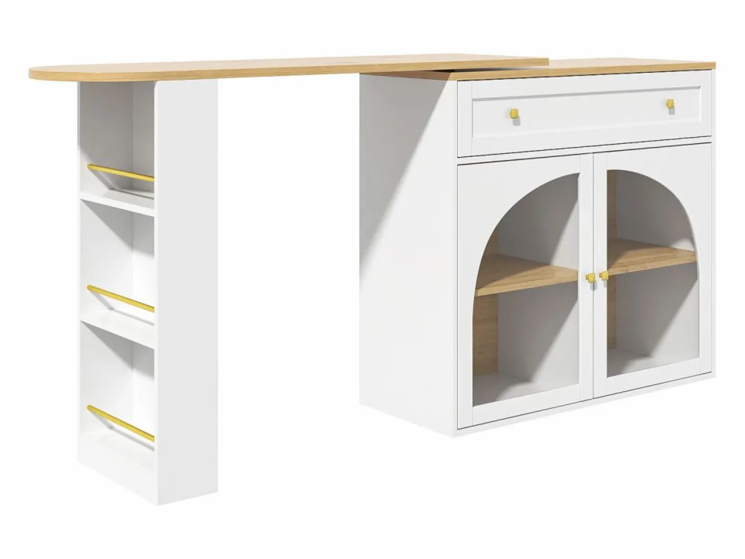 Online Mesa de bar giratoria con 2 puertas y 1 cajón Isla de cocina con tablero extensible (138-204)x39x104 cm - almacenaje abierto - Blanco
