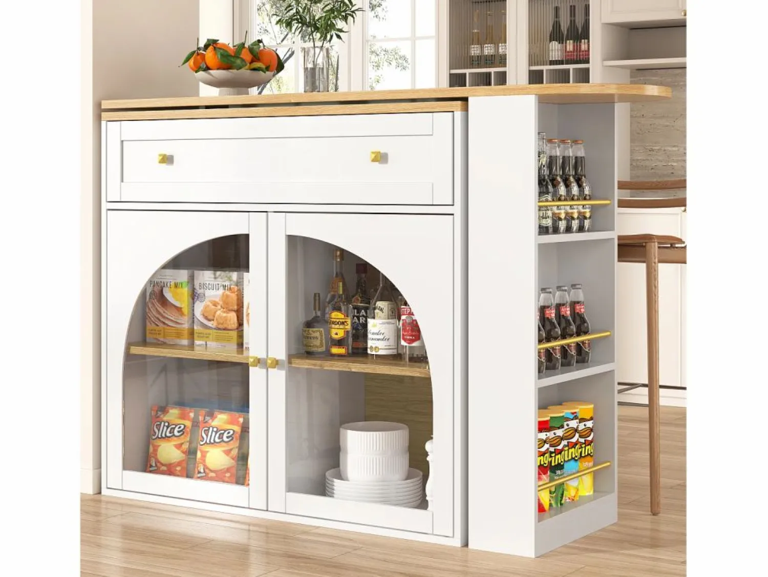 Online Mesa de bar giratoria con 2 puertas y 1 cajón Isla de cocina con tablero extensible (138-204)x39x104 cm - almacenaje abierto - Blanco