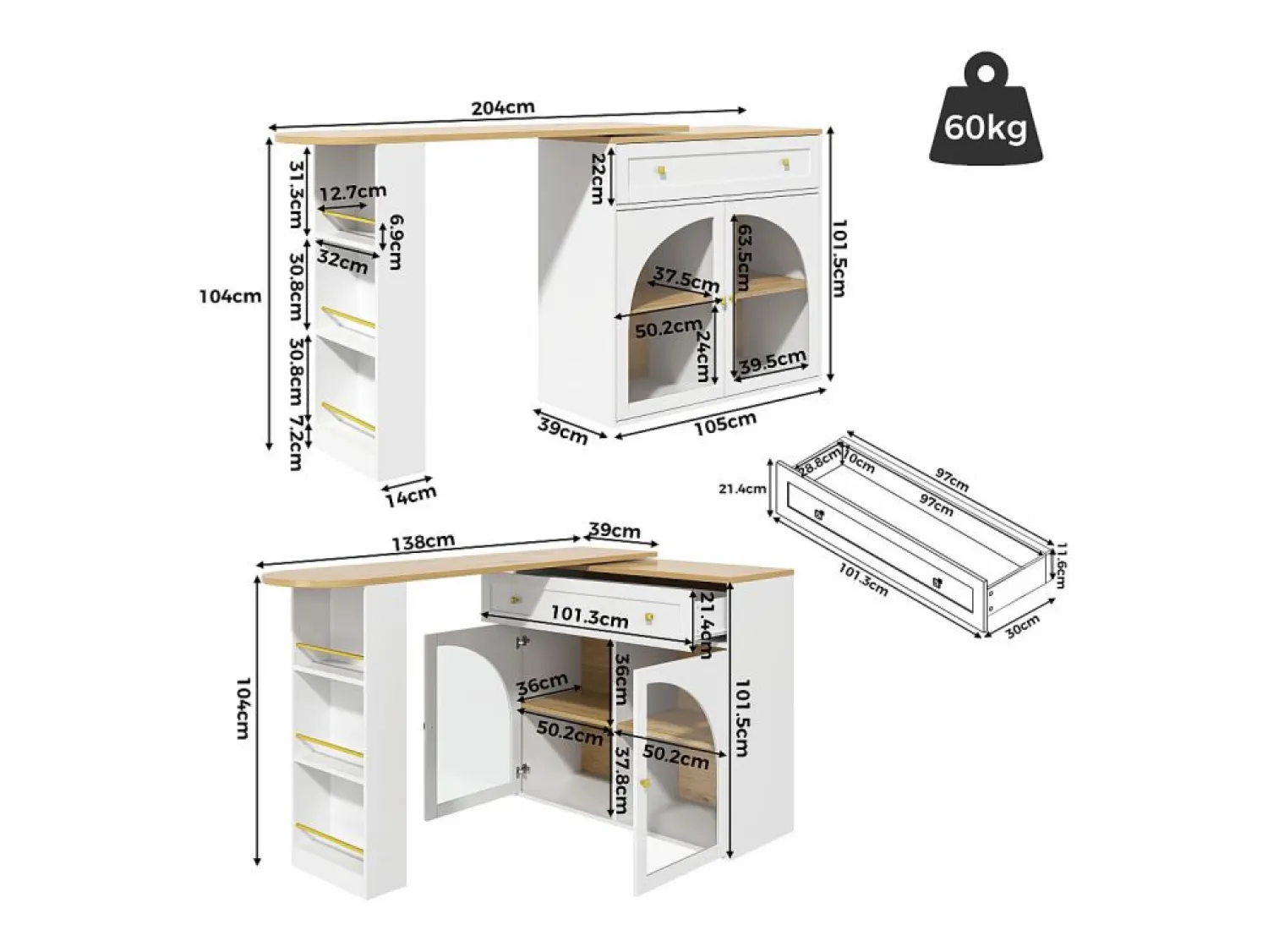 Online Mesa de bar giratoria con 2 puertas y 1 cajón Isla de cocina con tablero extensible (138-204)x39x104 cm - almacenaje abierto - Blanco