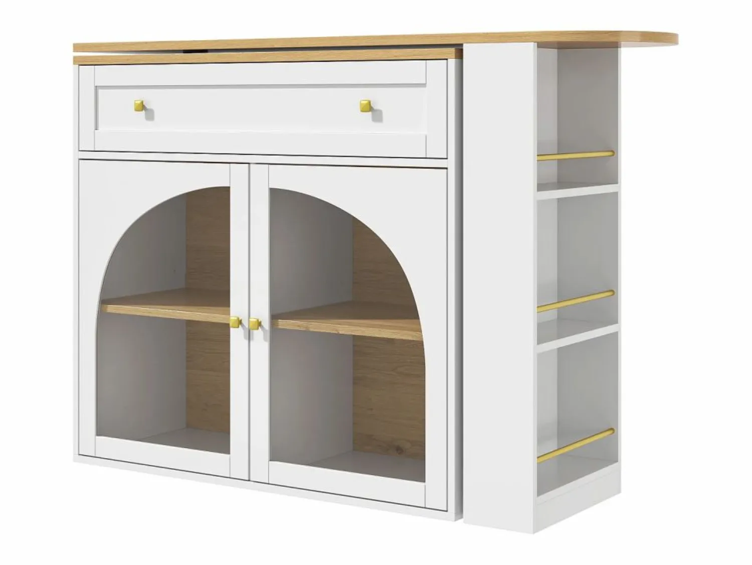 Online Mesa de bar giratoria con 2 puertas y 1 cajón Isla de cocina con tablero extensible (138-204)x39x104 cm - almacenaje abierto - Blanco