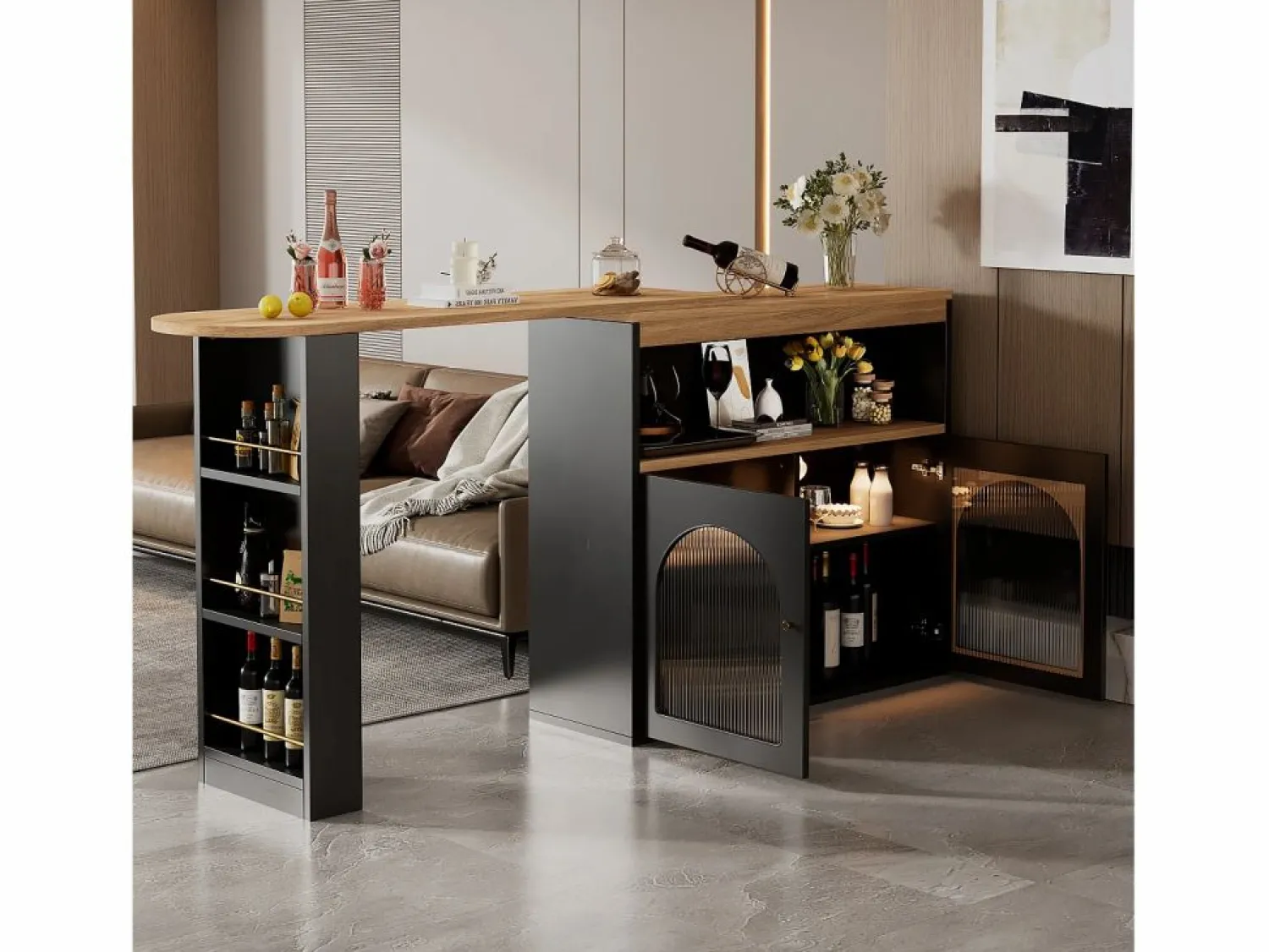 Mesa de bar giratoria de madera con espacio de almacenamiento - Luz LED ajustable - Negra - 138/193 x 39 x 105 cm Mueble Bar